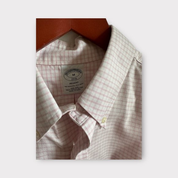 Men's Brooks Brothers Button Down Shirt Size M - Pink and White Check - Non-Iron - Picture 2 of 4